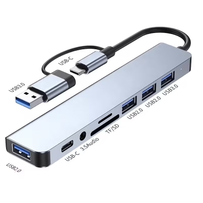 ПРЕХОД ХЪБ USB-C М/3XUSB Ж 2.0 1XUSB Ж 3.0 USB-C Ж 3.0 TF/SD СЛОТОВЕ OTG АУДИО КАРТА С 3.5 ЖАК + USB-C Ж/USB M 3.0