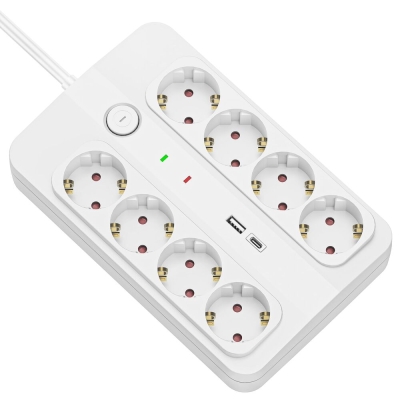 РАЗКЛОНИТЕЛ С КЛЮЧ-8 ГНЕЗДА СЪС ЗАЩИТА + ЗАРЯДНО С 2XUSB-A/C 1.5 МЕТРА КАБЕЛ TECHNIK