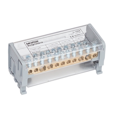 ШИНА НУЛЕВА КЛЕМА ИЗОЛИРАНА 11 ГНЕЗДА ЗА ДИН ШИНА 2P 125A-11 2X35 + 2X25 + 7X6MM² MOREK