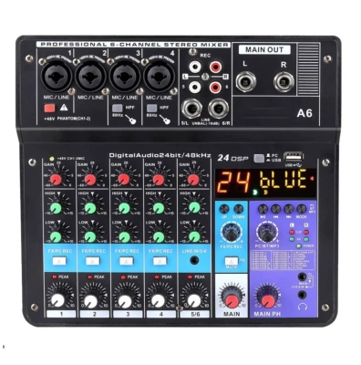 СМЕСИТЕЛ МИКСЕР С ЦИФРОВА АУДИО КАРТА A6 MP3/БЛУТУТ 6 КАНАЛА