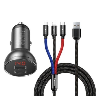 Зарядно за телефон USB 12-24V QC BASEUS 2X USB + КАБЕЛ 3 В 1, 24W бързо зареждане автомобилно 24W