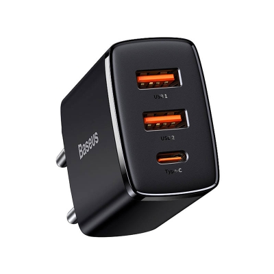 Зарядно за телефон USB-C+2ХUSB 220V QC PD ултра бързо BASEUS ЧЕРНО 30W